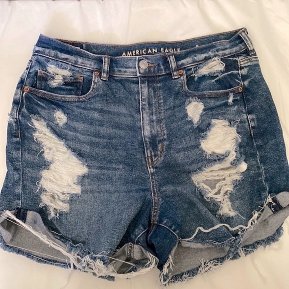 American Eagle Dark Wash Distressed Mom Shorts Size 12